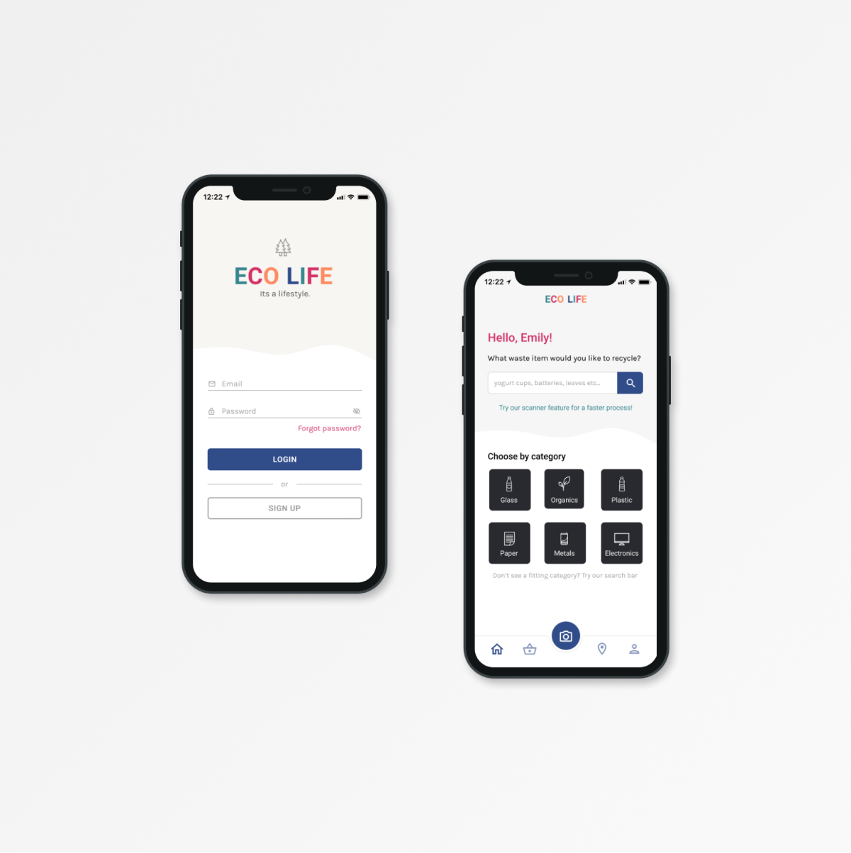 eco life login page and home page on mobile device
